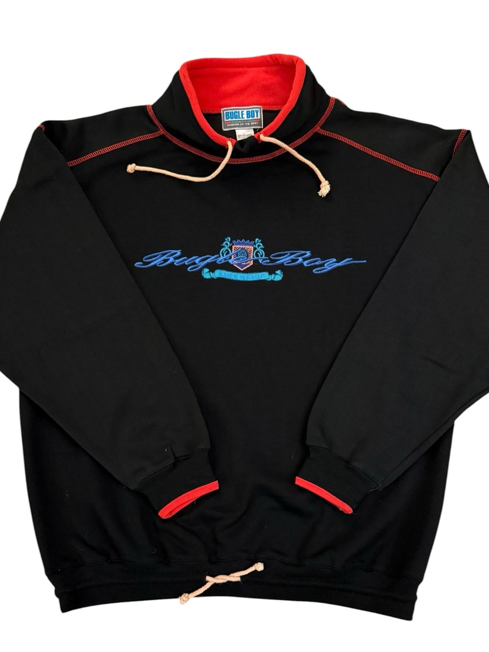 Vintage 90s Bugle Boy Direction Mock Neck Sweatshirt Black Red Embroidered Large